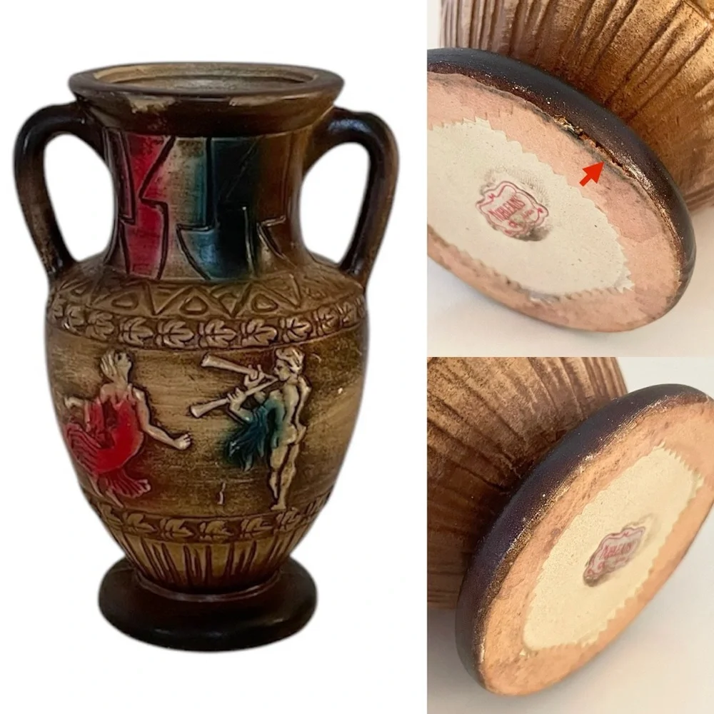 Vintage Norleans Japan Ceramic Double Handle Vase with Red and Blue Accents
